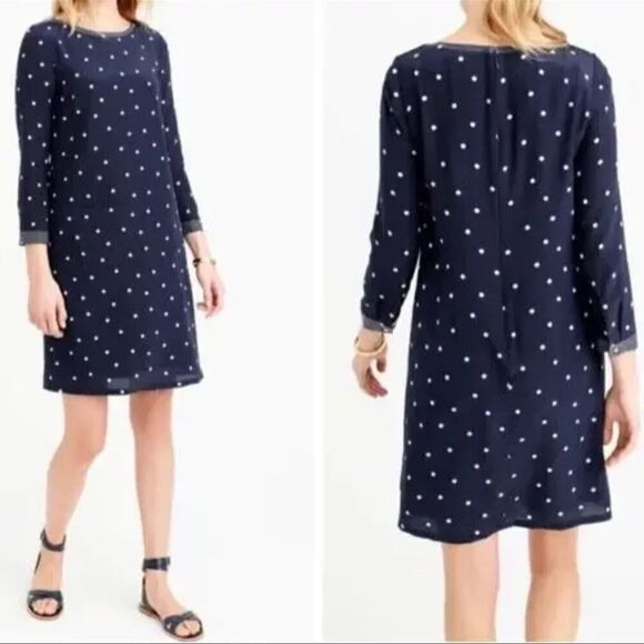 J. Crew Size 00 Navy Blue & White Polka Dot 100% Silk 3/4 Sleeve Shift Dress - Picture 2 of 11